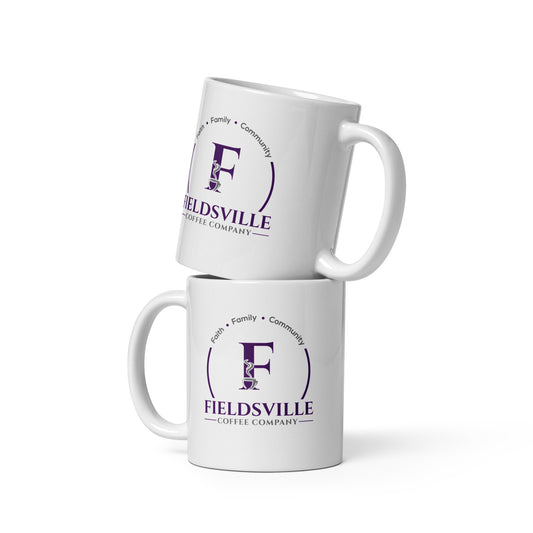 White Glossy Mug With Fieldsville Coffee Logo