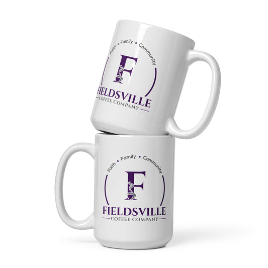 White Glossy Mug With Fieldsville Coffee Logo
