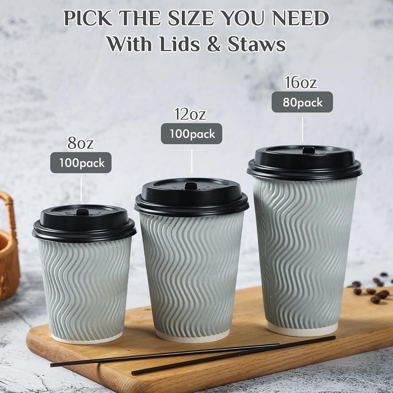 MUCHII 12 oz Disposable Coffee Cups, Paper Coffee Cups With Lids & Straws,100 Count Insulated Ripple To Go Coffee Cups 12 oz for Tea, Hot Chocolate and Drinks (Silver grey)