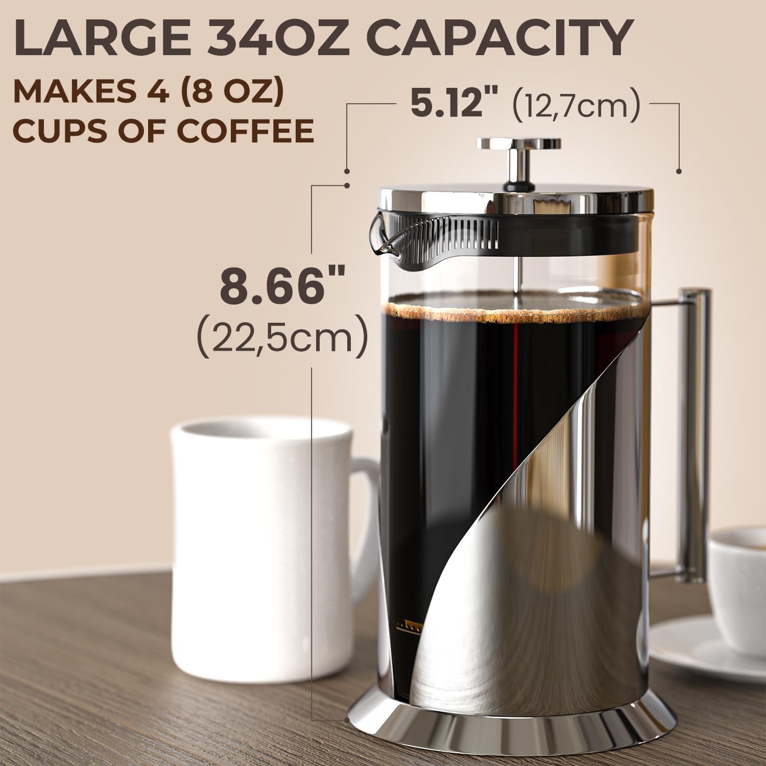 Cafe Du Chateau Stainless Steel French Press Coffee Maker - 34oz Versatile Coffee Press Coffee Maker with 4-Level Filtration, BPA Free, French Press Stainless Steel