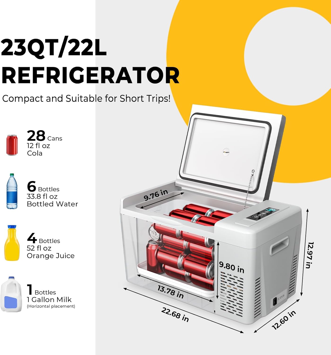 BougeRV 12 Volt Refrigerator 12V Car Fridge 23 Quart Portable Freezer Compressor Cooler 12/24V DC 110~240 Volt AC for Truck Van RV Camper SUV Travel Camping Road Trips Tailgating -7℉~50℉