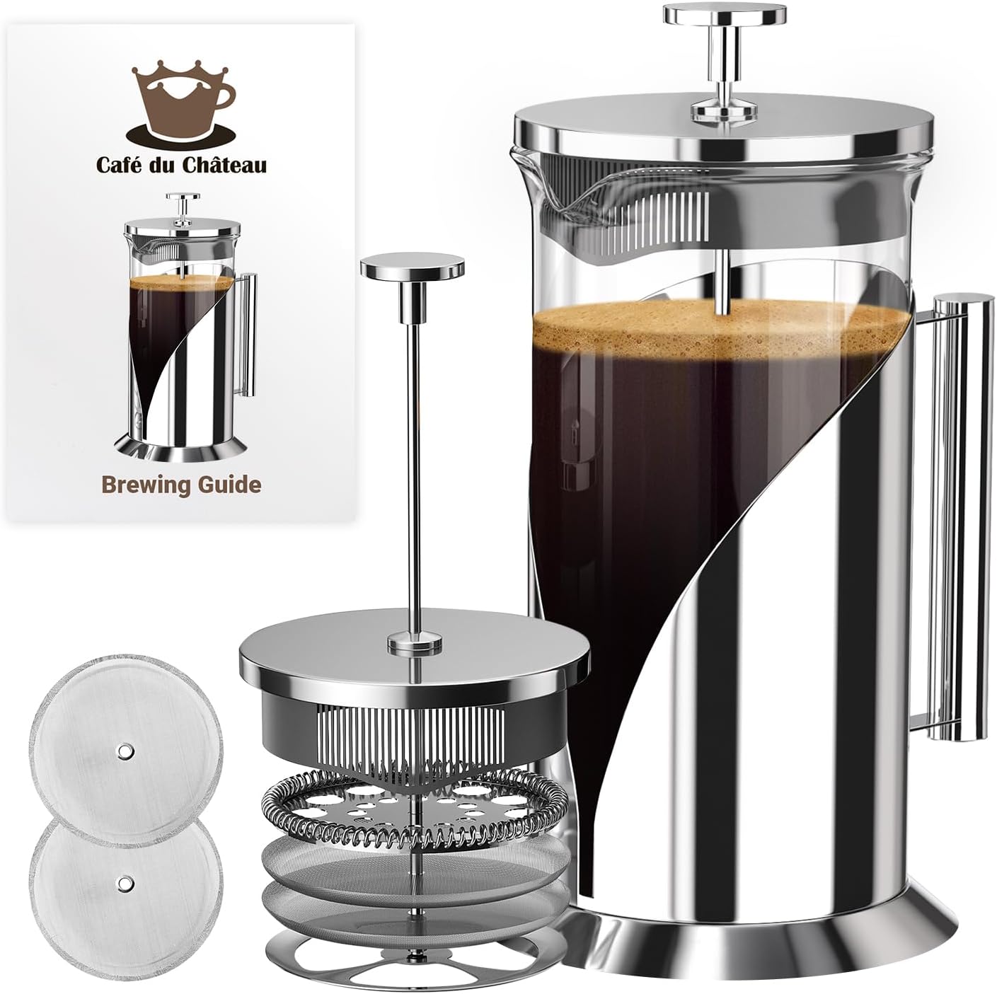 Cafe Du Chateau Stainless Steel French Press Coffee Maker - 34oz Versatile Coffee Press Coffee Maker with 4-Level Filtration, BPA Free, French Press Stainless Steel