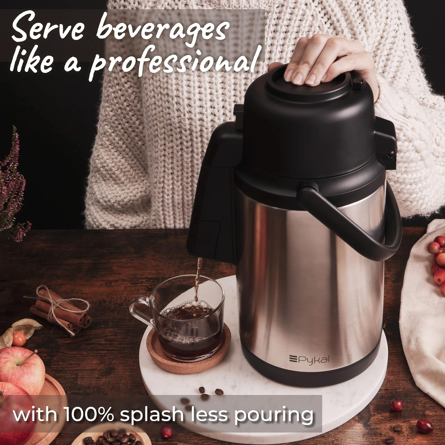 SplashProof Coffee Carafe Airpot Dispenser - with Adjustable Nozzle | 120 oz Capacity | Lab Tested 8 hour > 150F Heat Retention | Premium Grade Rust Resistant double wall stainless steel by Pykal