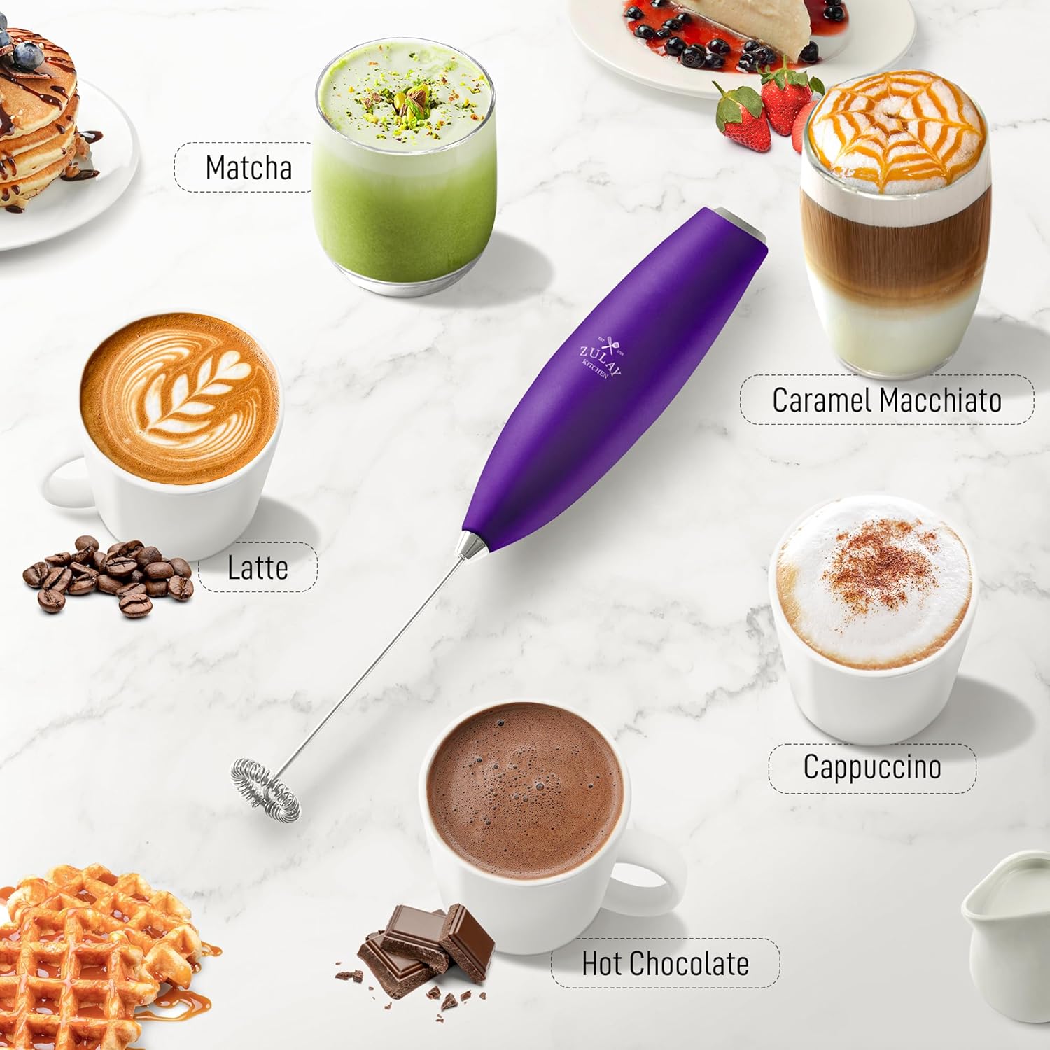 Zulay Powerful Milk Frother for Coffee with Powerful Motor - Handheld Frother Electric Whisk, Milk Foamer, Mini Mixer, Coffee Blender Frother for Frappe, Latte, Matcha, No Stand - Deep Purple