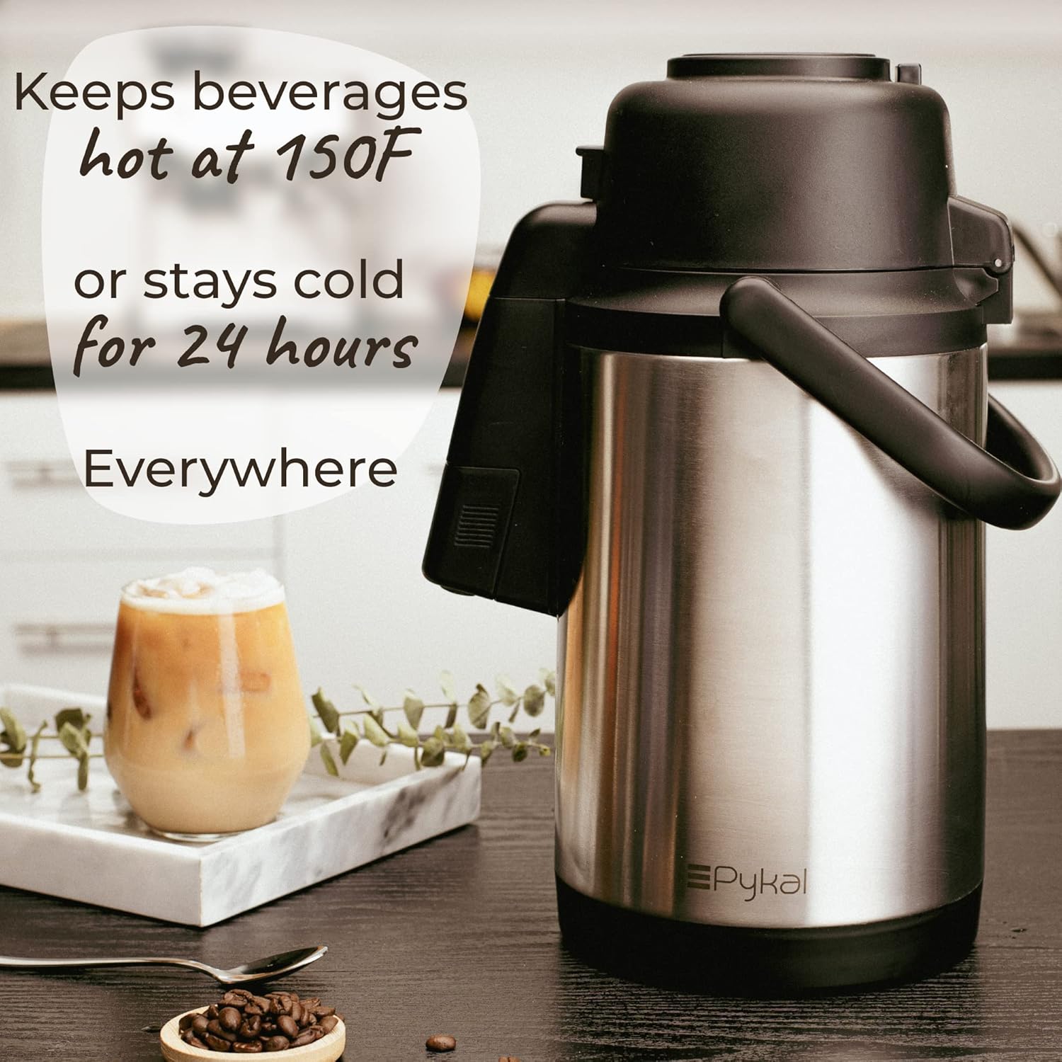 SplashProof Coffee Carafe Airpot Dispenser - with Adjustable Nozzle | 120 oz Capacity | Lab Tested 8 hour > 150F Heat Retention | Premium Grade Rust Resistant double wall stainless steel by Pykal